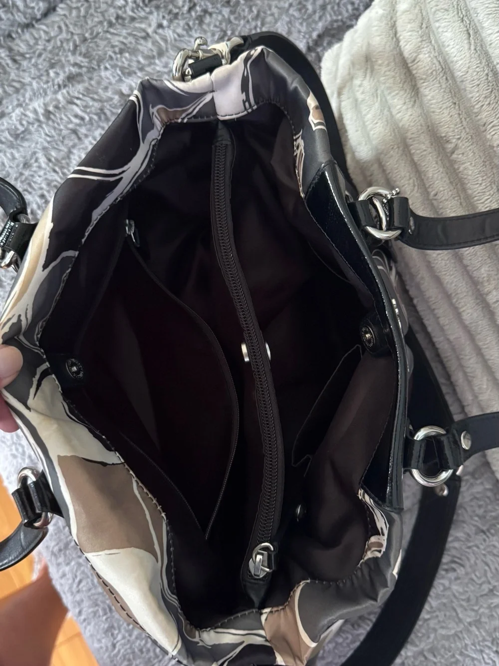 Coach Beige, Black & Cream Signature Circle Tote with Patent Trim